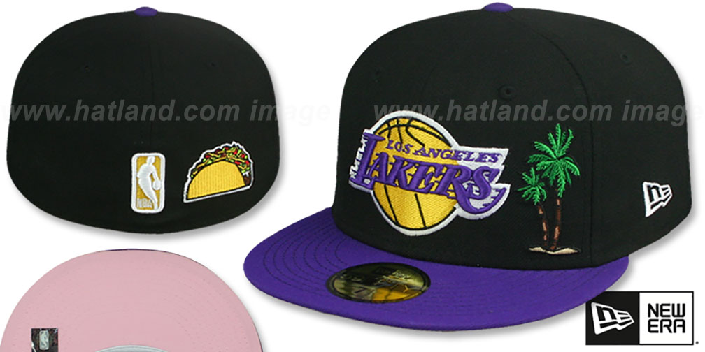 ファングッズ Lakers Tree Bark 59FIFTY 7 1/2 Los Angeles Lakers 17X PALM TREE PINK-BOTTOM Black-Purple Fitted