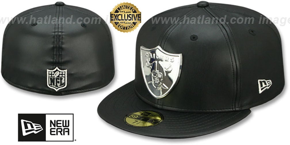 Oakland Raiders LEATHER SILVER METAL-BADGE Black Fitted Hat display picture 1