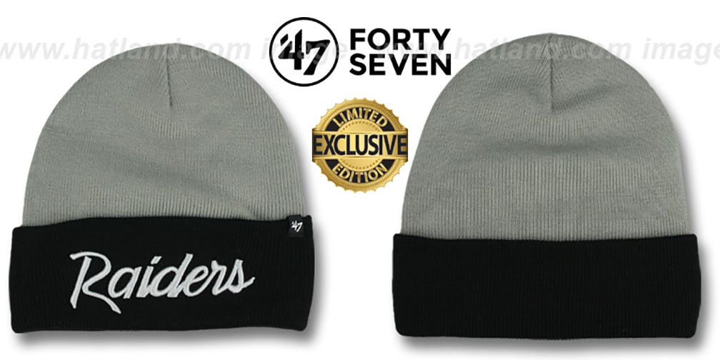 Oakland Raiders TEAM-SCRIPT Grey-Black Knit Beanie Hat by