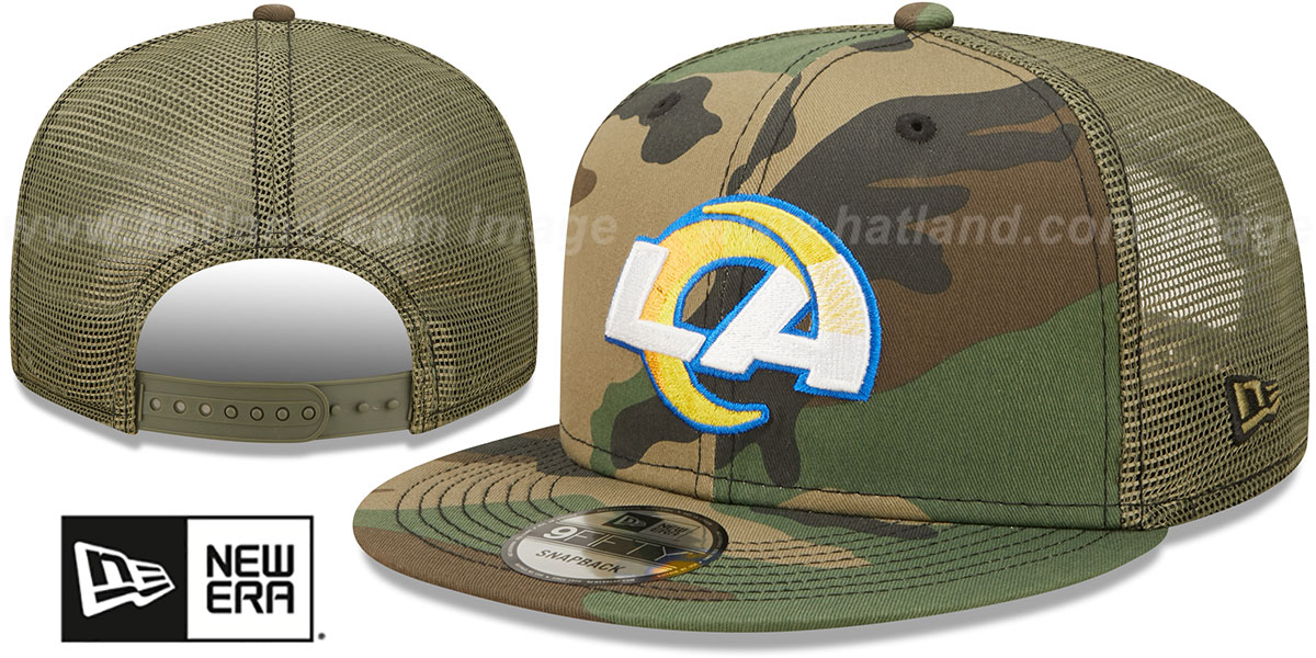 Los Angeles Rams ARMY CAMO TRUCKER Hat by New Era Los Angeles Rams ARMY CAMO TRUCKER Hat by New Era