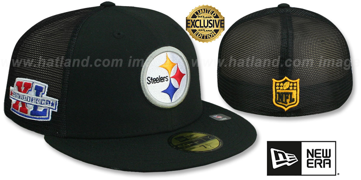 NFL & REEBOK PITTSBURGH STEELERS FITTED FOOTBALL CAP EMBROIDERED PATCH SIZE L/XL Pittsburgh Steelers BANNER SIDE-PATCH Black Fitted Hat main image 3