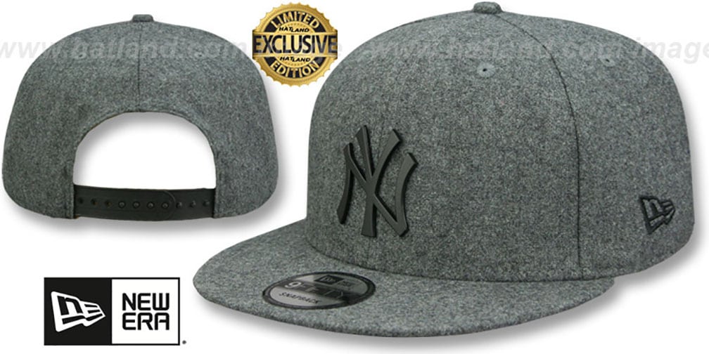 New York Yankees BLACK METAL-BADGE SNAPBACK Melton Grey Hat