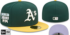 メジャー　当選ユニホーム、帽子セット Oakland Athletics 1974 WS POP-SWEAT Green-Gold-Lavender Fitted Ha